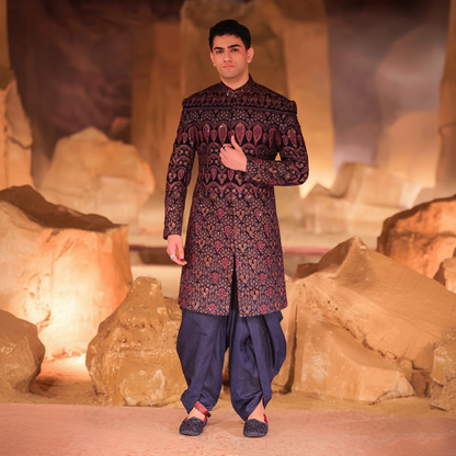 Dark Teal Velvet Embroidered Sherwani