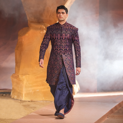 Dark Teal Velvet Embroidered Sherwani