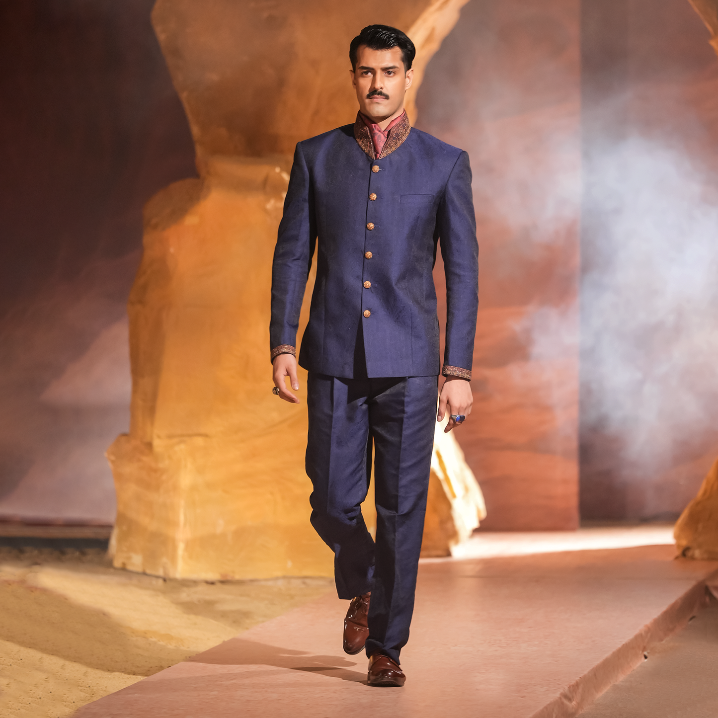 Deep Blue Textured Jamawar Prince Jacket