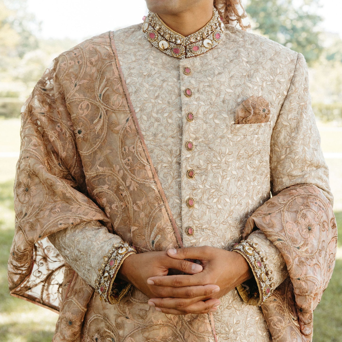 Premium Jamawar Ivory Embroidered Sherwani