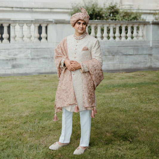 Premium Jamawar Ivory Embroidered Sherwani