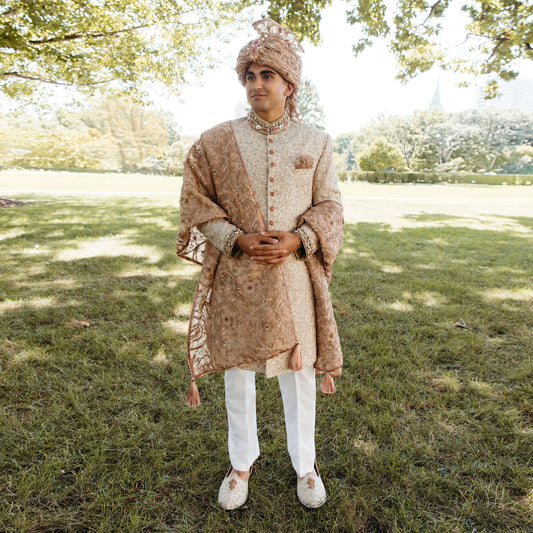 Premium Jamawar Ivory Embroidered Sherwani