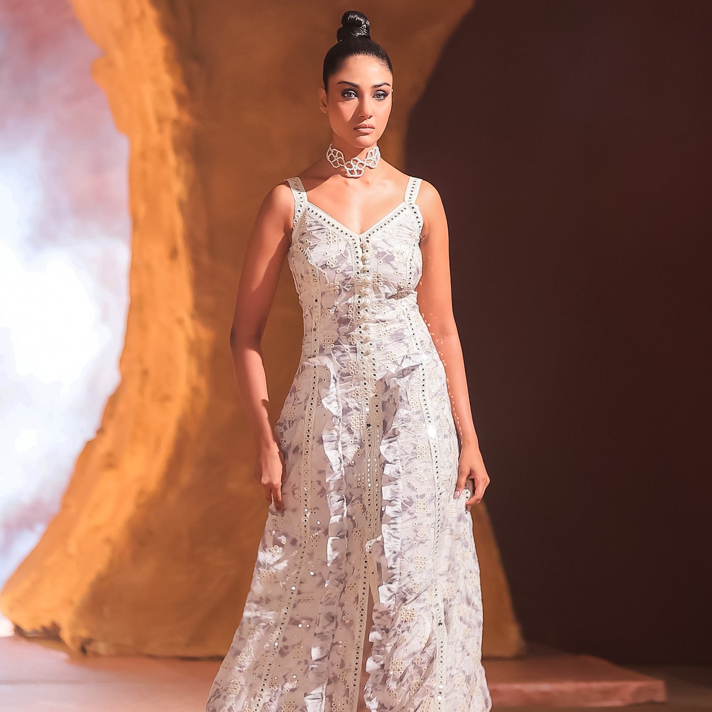 SLEEVELESS TIE-DYE MIRROR WORK GOWN