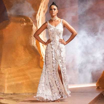 SLEEVELESS TIE-DYE MIRROR WORK GOWN