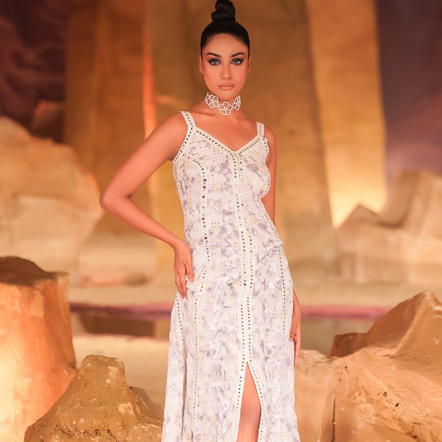 SLEEVELESS TIE-DYE MIRROR WORK GOWN