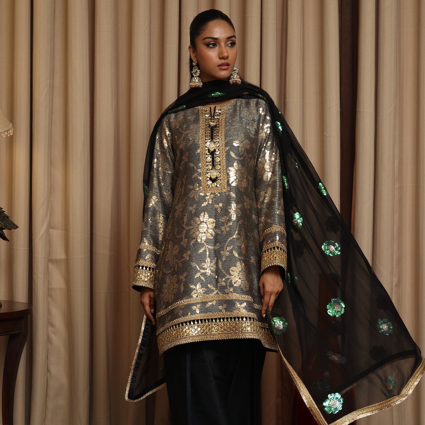EMBROIDERED FARSHI BLACK/GOLD 3PC SUIT
