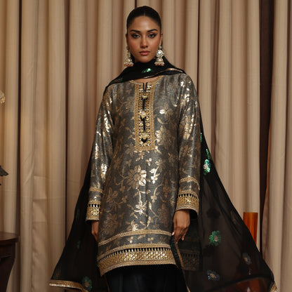 EMBROIDERED FARSHI BLACK/GOLD 3PC SUIT