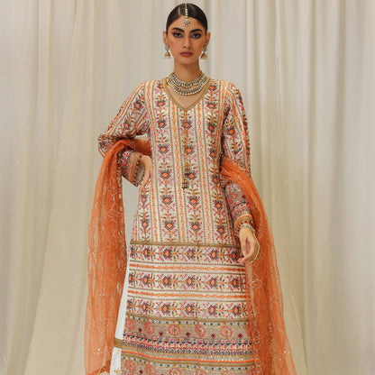 CHIKANKARI BEIGE CHIFFON 3 PC SUIT