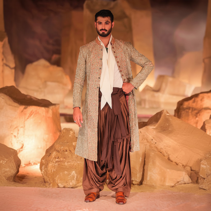 Mint Green and Pastel Pink Embroidered Panel Sherwani