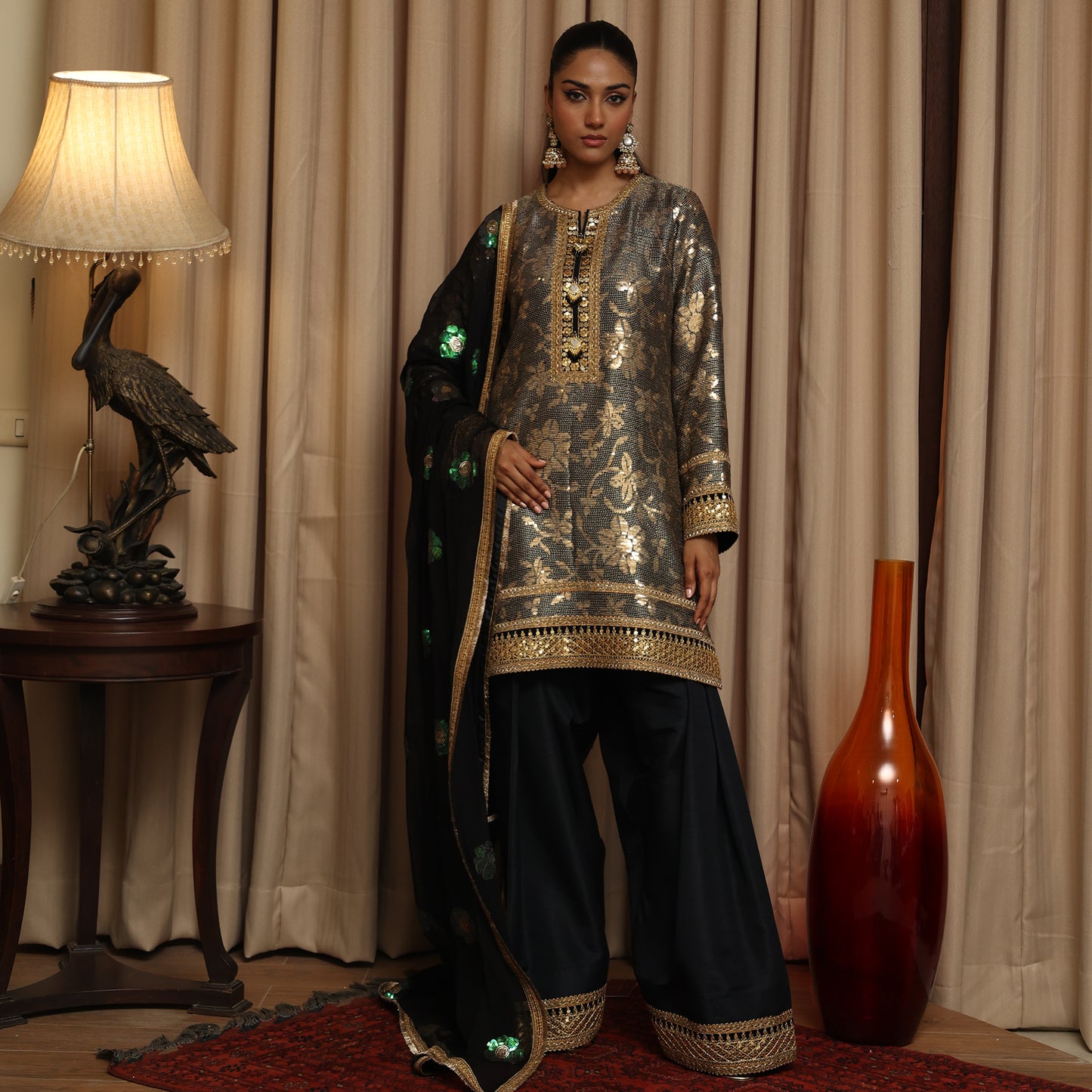EMBROIDERED FARSHI BLACK/GOLD 3PC SUIT