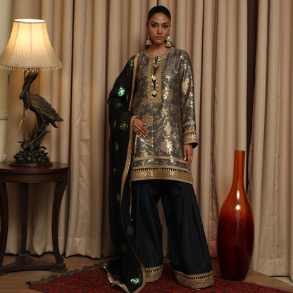 EMBROIDERED FARSHI BLACK/GOLD 3PC SUIT