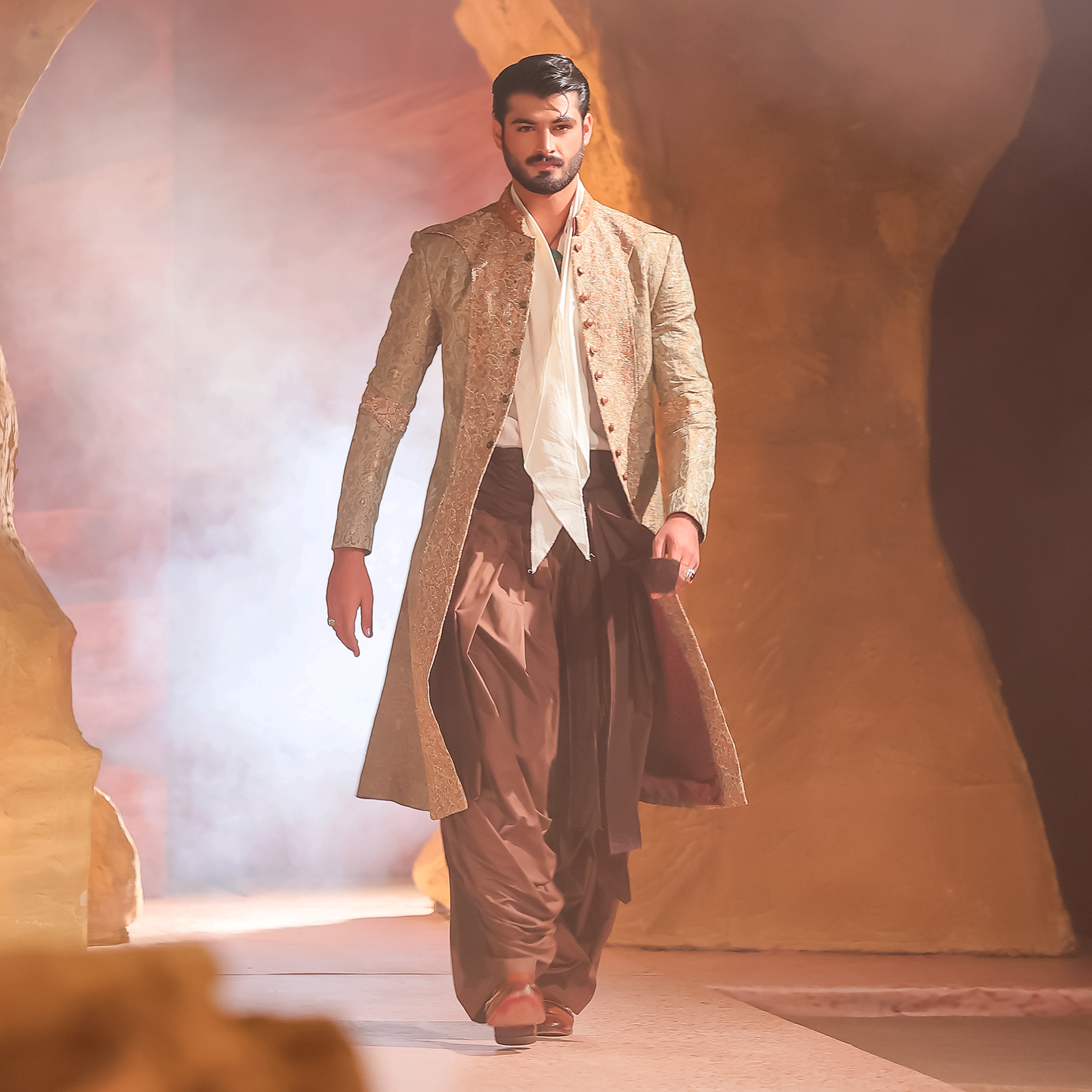 Mint Green and Pastel Pink Embroidered Panel Sherwani