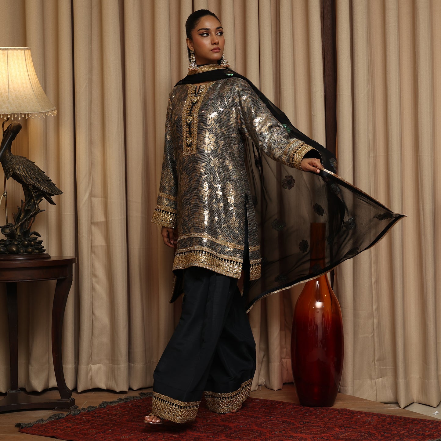 EMBROIDERED FARSHI BLACK/GOLD 3PC SUIT