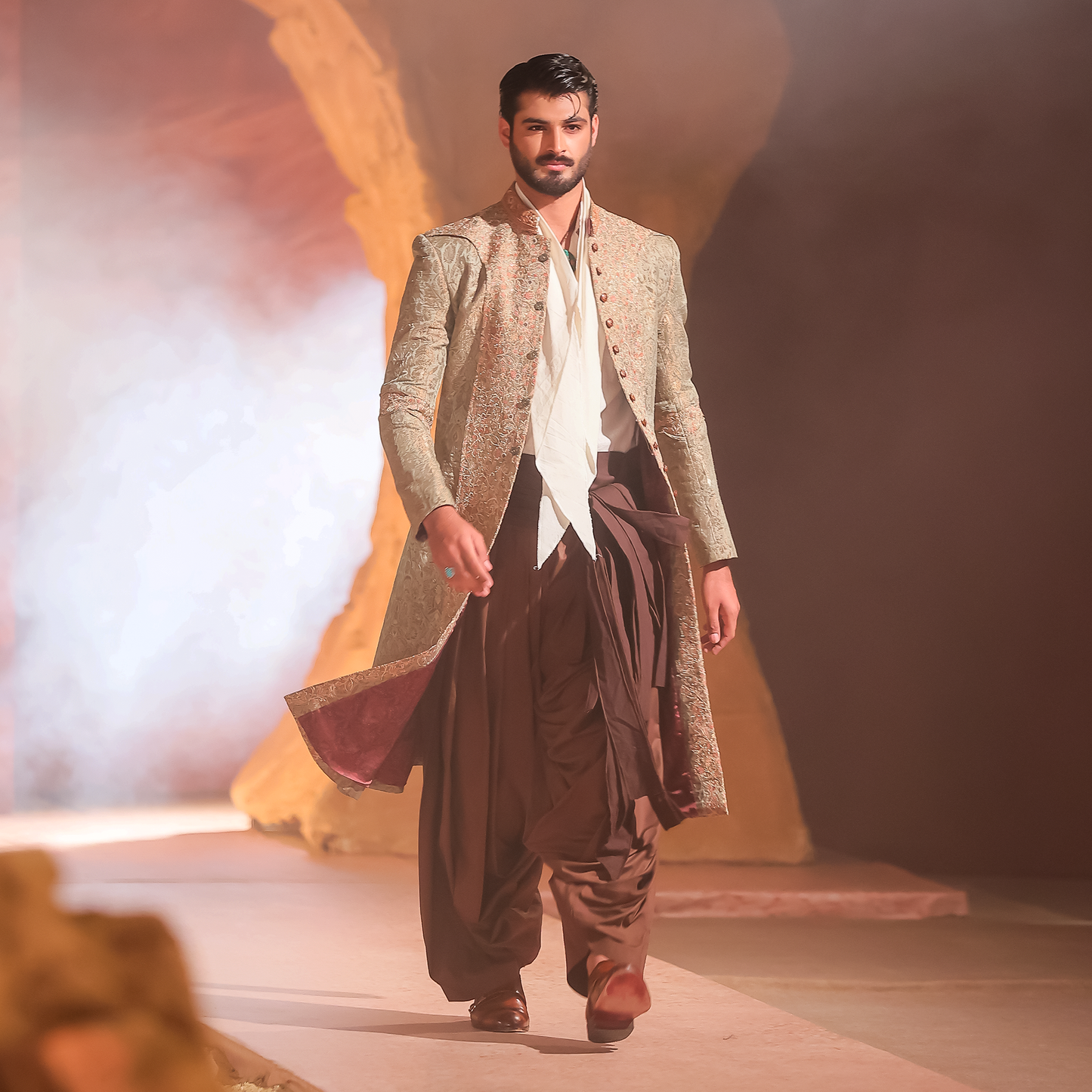 Mint Green and Pastel Pink Embroidered Panel Sherwani