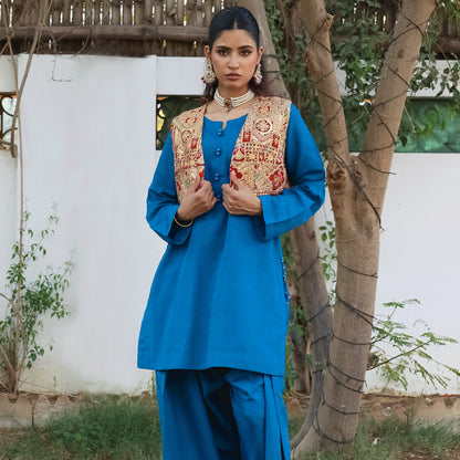 NAKHLISTAN TURQUOISE JUMPSUIT WITH VEST