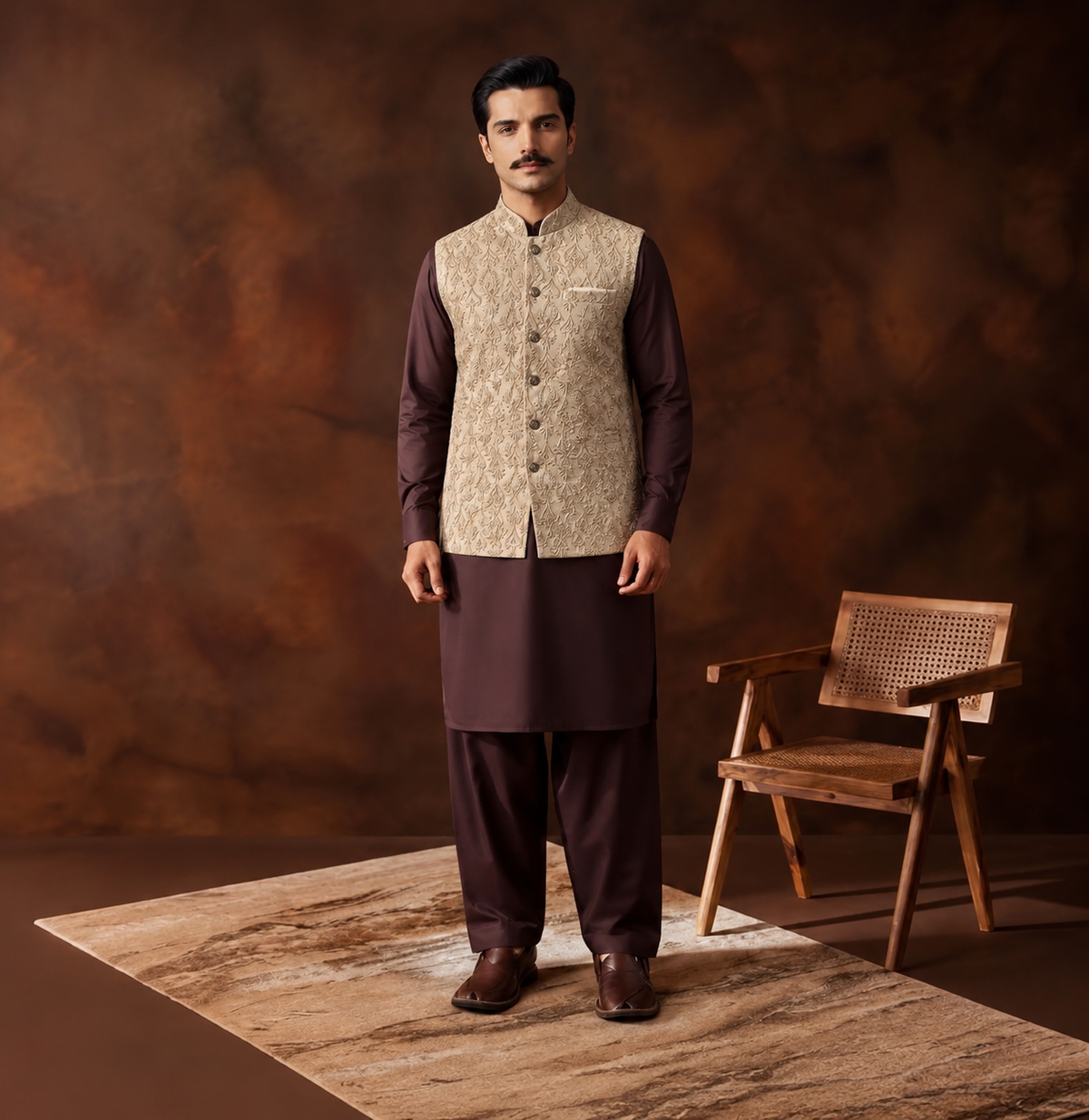 Premium Jamawar Beige Couture Waistcoat