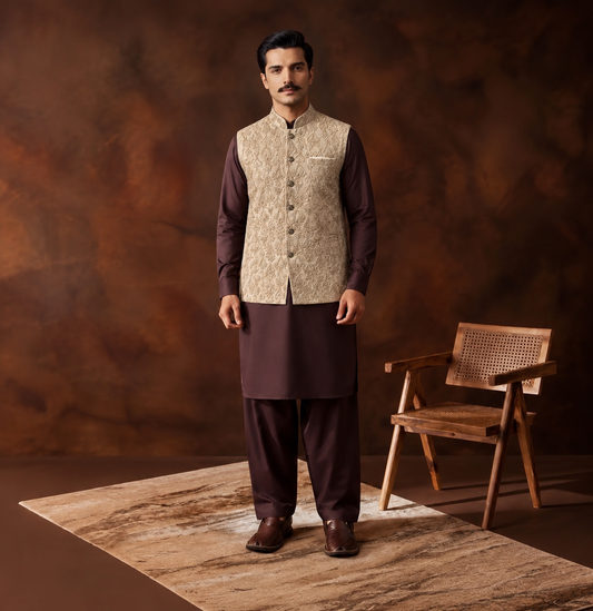 Premium Jamawar Beige Couture Waistcoat