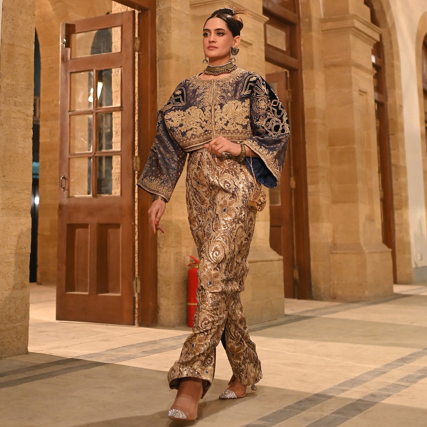 Antique Gold Jamawar Crop Jacket with Pencil Skirt