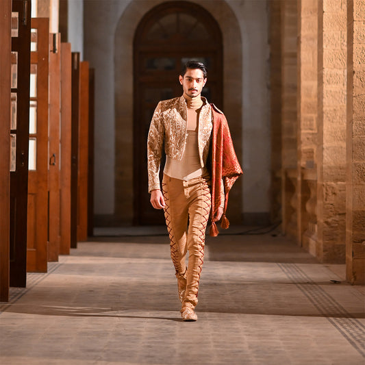 Short Body Embroidered Gold Jamawar Jacket