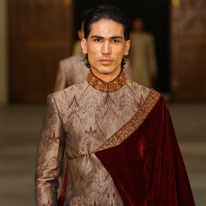 Maroon and Gold Bio-matric Design Jamawar Sherwani