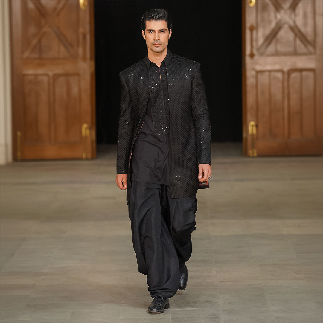 Black satin Embroidered Open-Front Sherwani