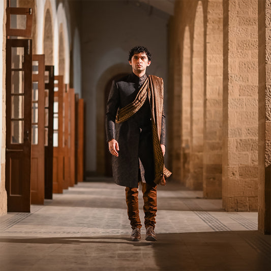 Black and brown Dhora Jamawar sherwani with premium Jamawar shawl