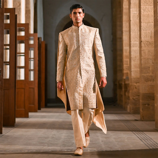 Beige Zari Hand Embroidered Sherwani