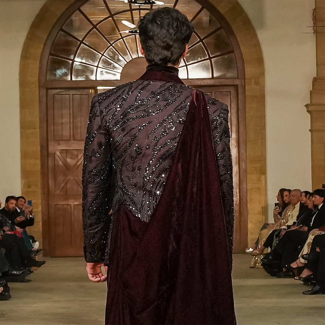 Double-Breasted Maroon Net-Embroidered Jamawar Jacket
