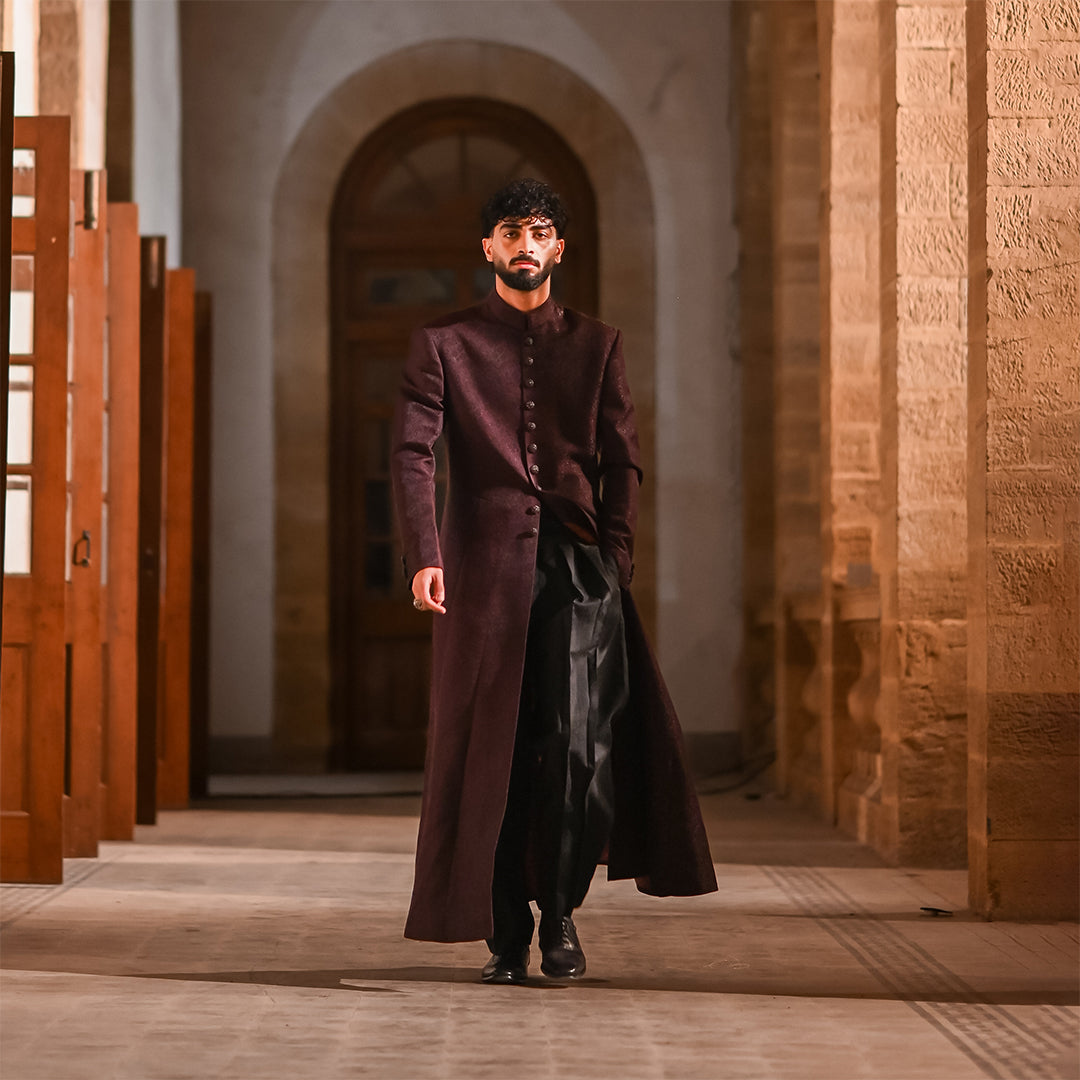 Maroon Jamawar Long Coat