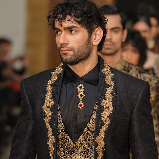 Black Zari Karandi Jamawar Coat With Hand Embroidery