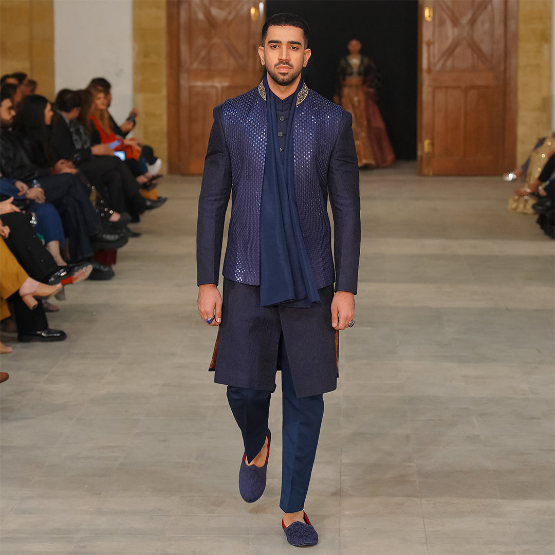 Blue Leaf Design Embroidered Waistcoat