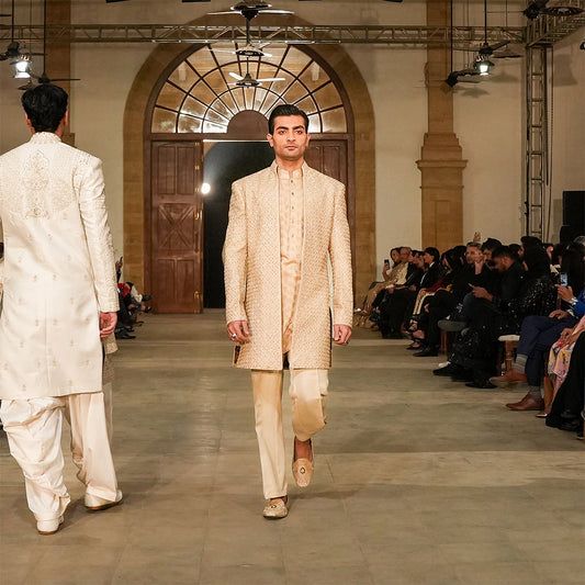 Beige Raw Silk Cut dana Open-Front Sherwani