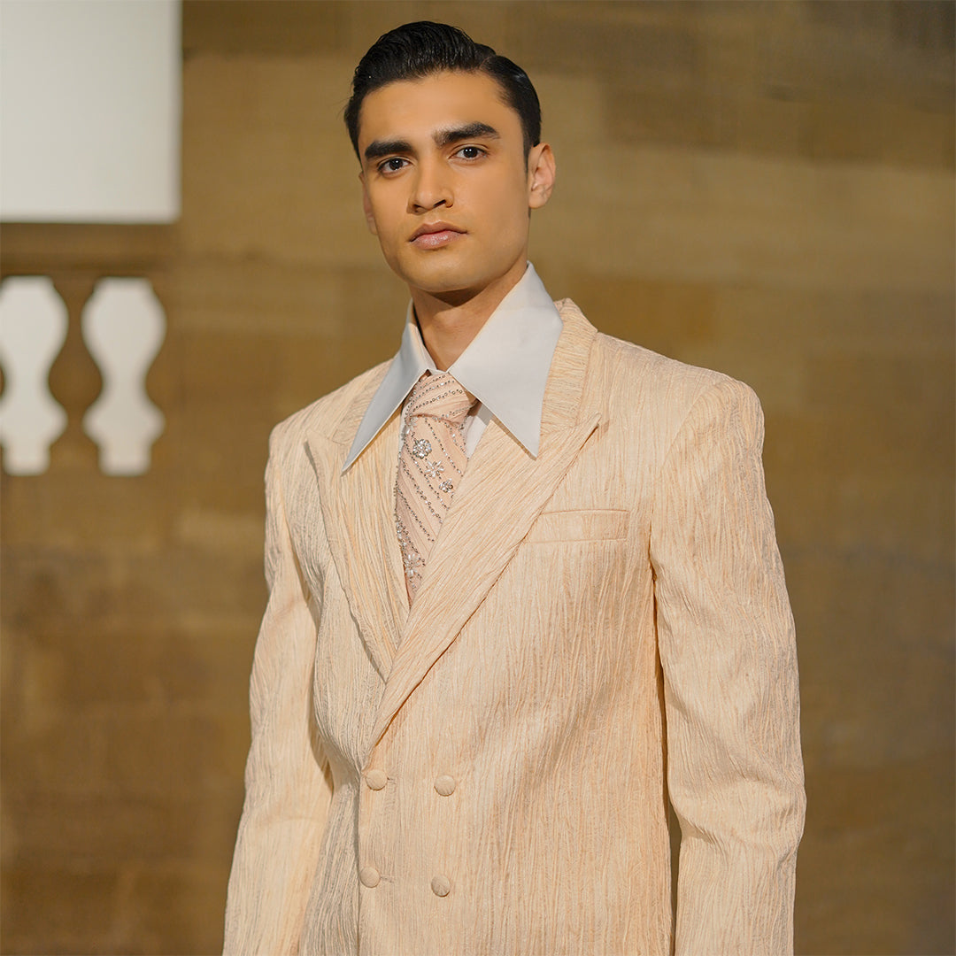 Pink Double-Breasted Crush Jamawar Jacket