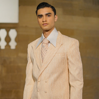 Pink Double-Breasted Crush Jamawar Jacket