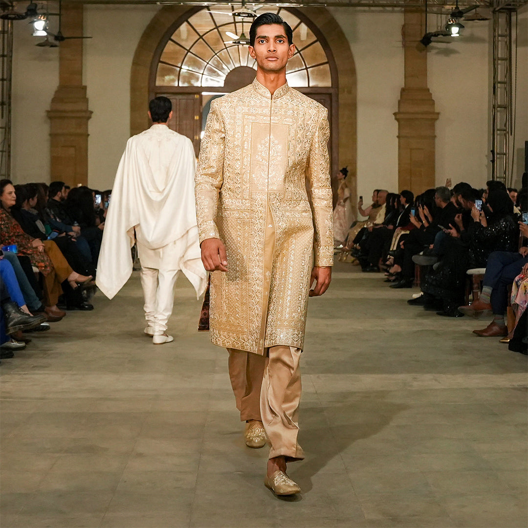 Beige Zari Machine Embroidered Sherwani