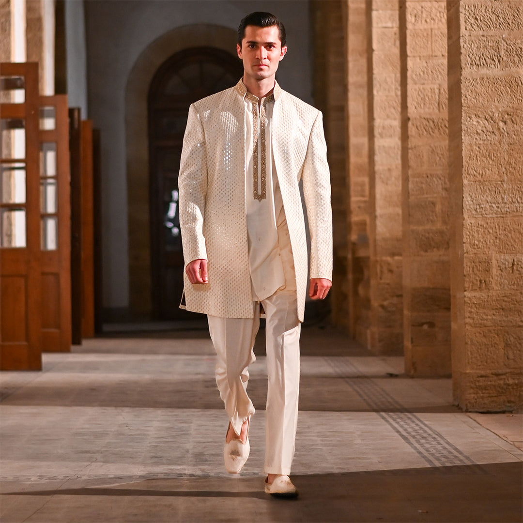 Cream Satin Silk Open Front Sherwani