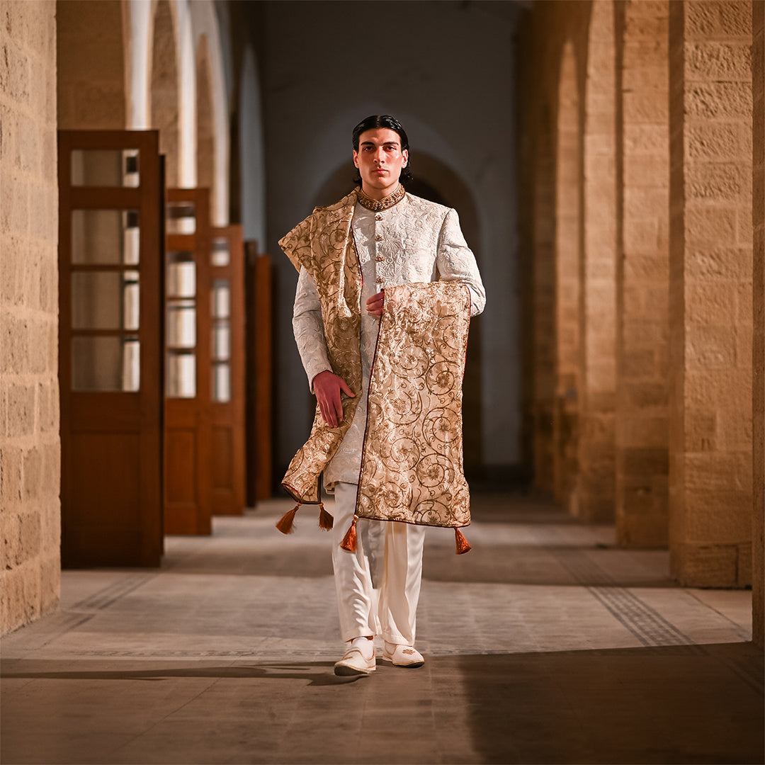 White Floral Embroidered Jjamawar Sherwani With Hand Work
