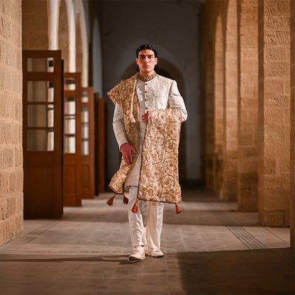 White Floral Embroidered Jjamawar Sherwani With Hand Work