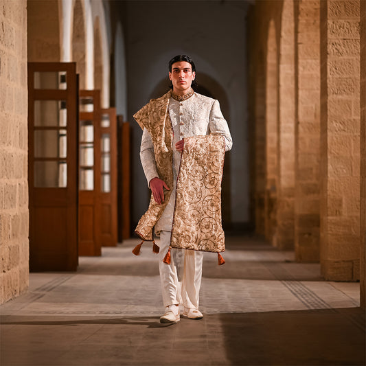 White Floral Embroidered Jjamawar Sherwani With Hand Work