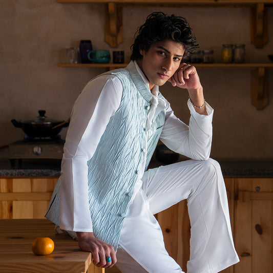 Ice Blue Crush Jamawar Three-Piece Suit