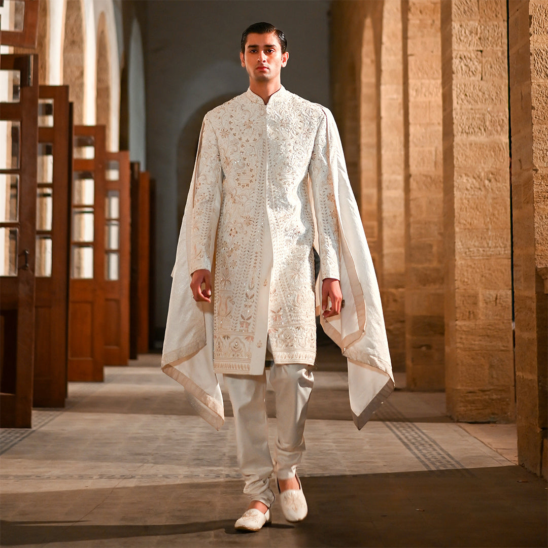 Off-White Satin Sherwani With Cut Dana Hand Embroidery
