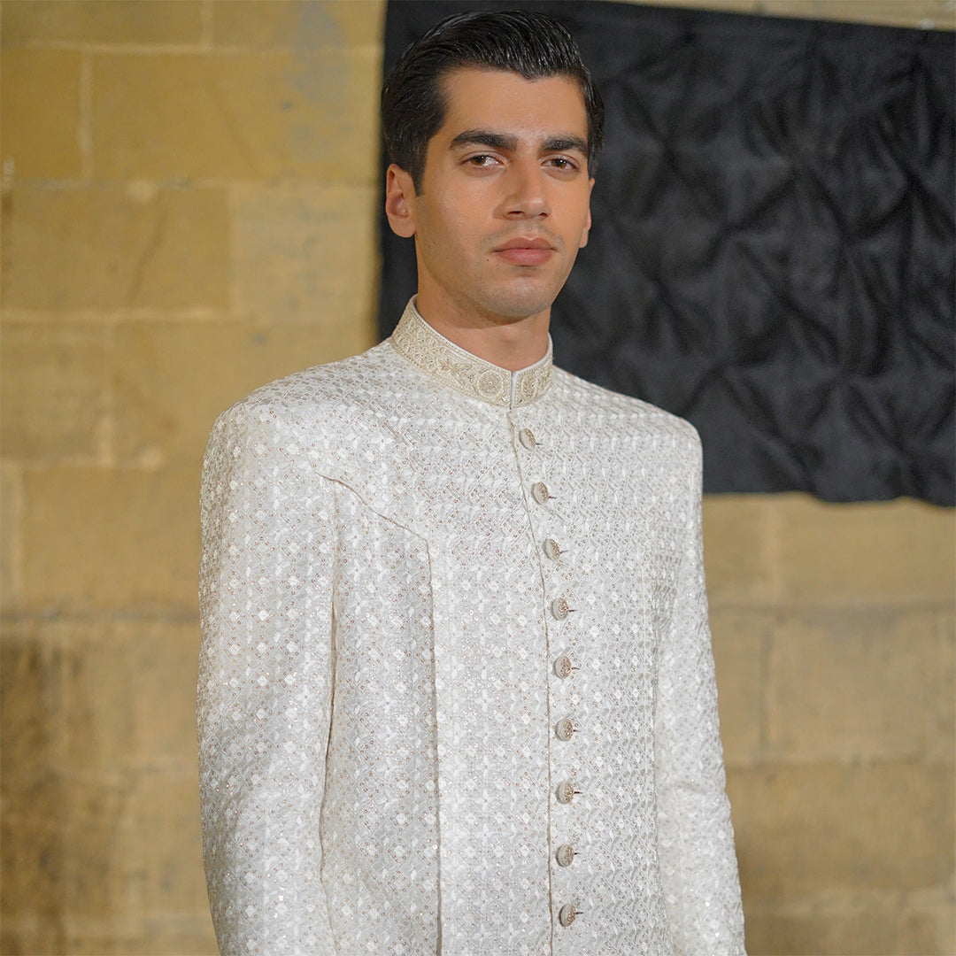 White Chiffon Open Front Kurta with embroidered neckline and buttons
