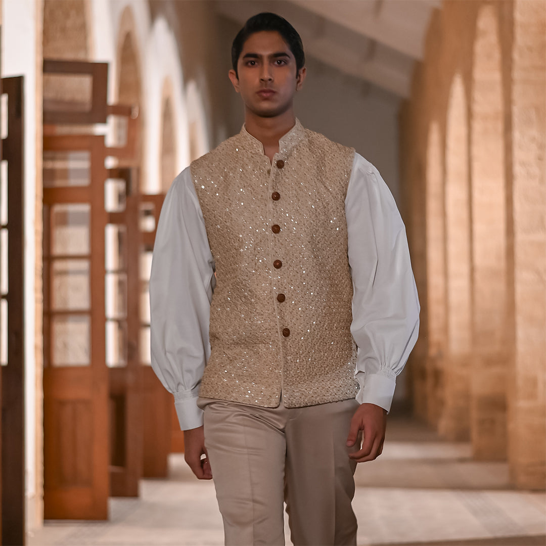 Beige Raw Silk Embroidered Waistcoat