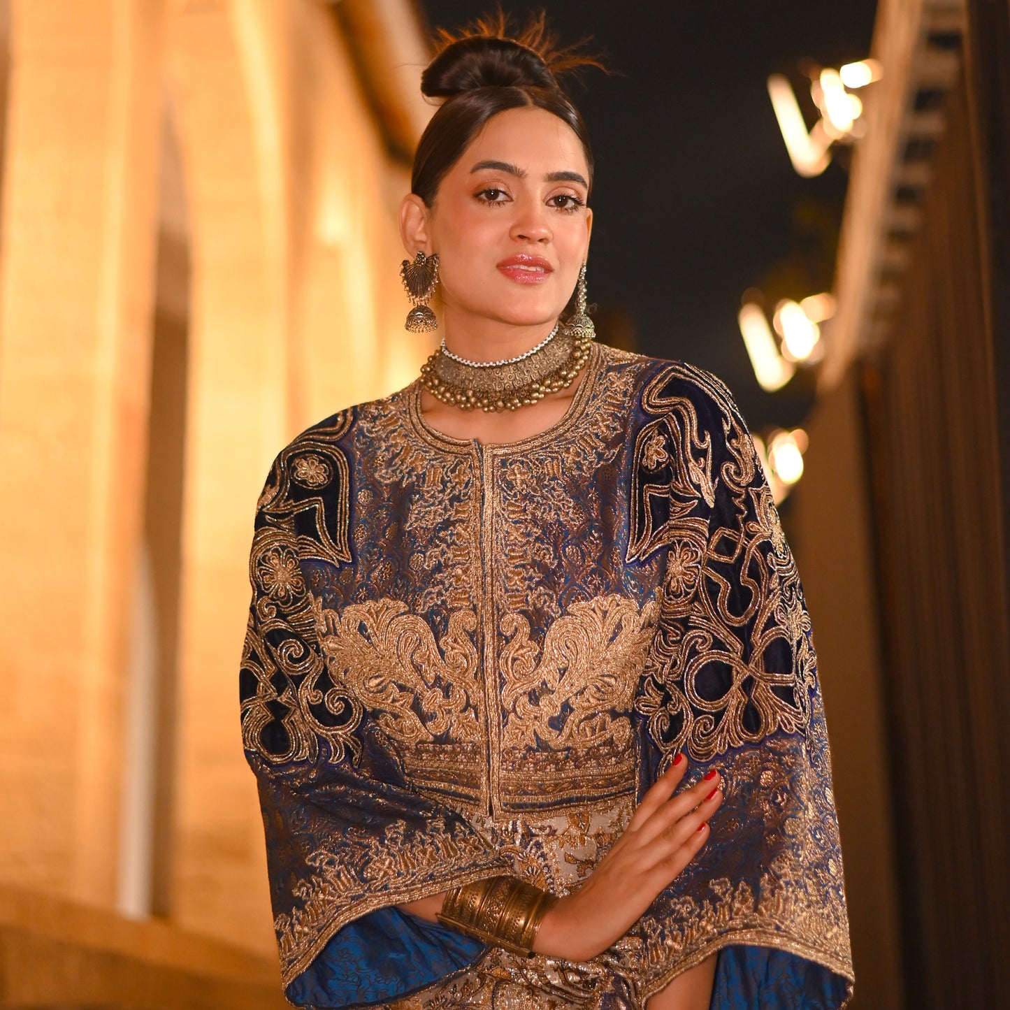 Antique Gold Jamawar Crop Jacket with Pencil Skirt