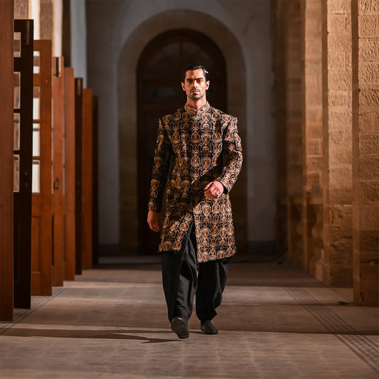 Black velvet Sherwani with Zari Embroidery