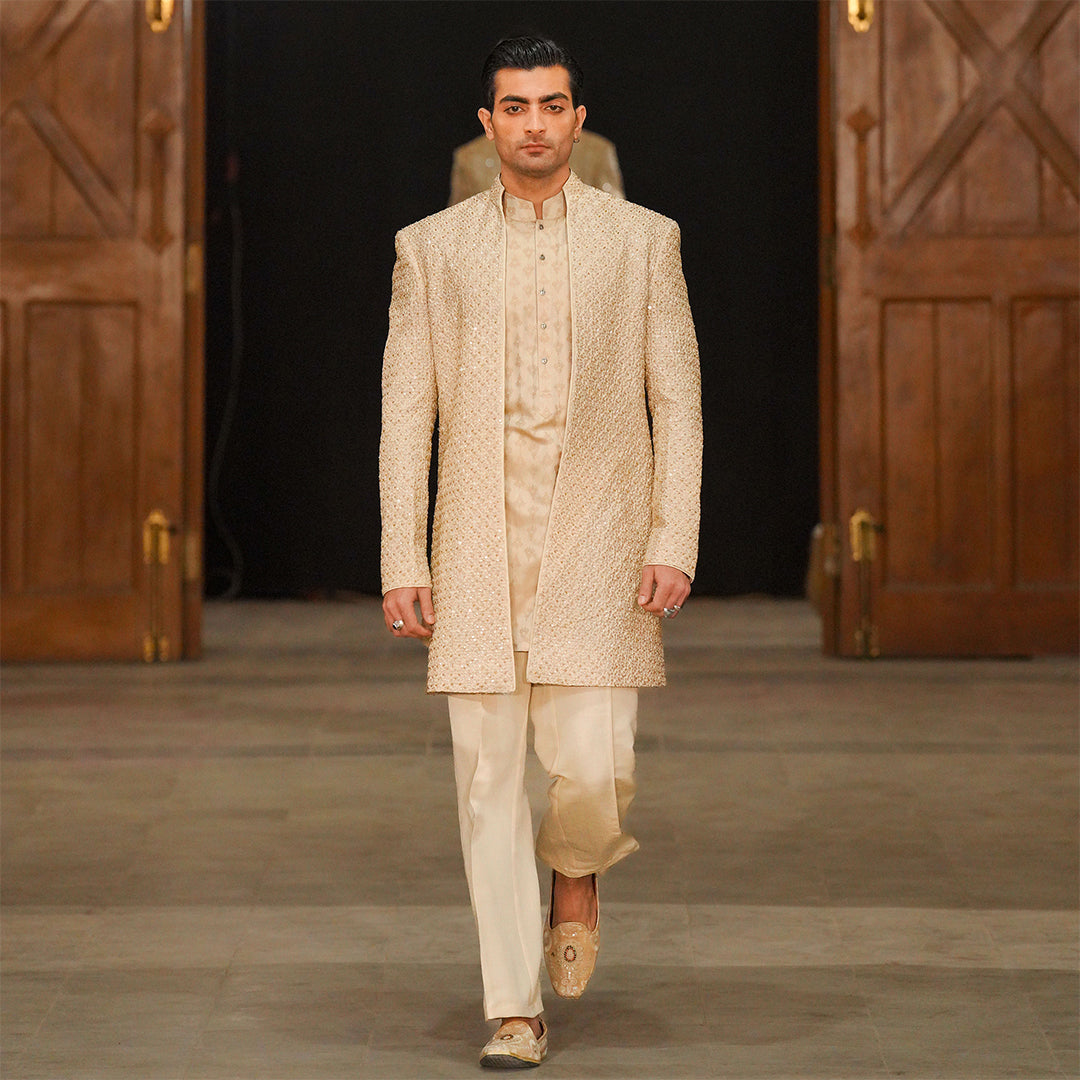 Beige Raw Silk Cut dana Open-Front Sherwani