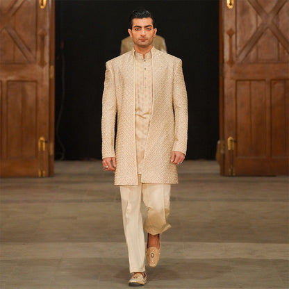 Beige Raw Silk Cut dana Open-Front Sherwani