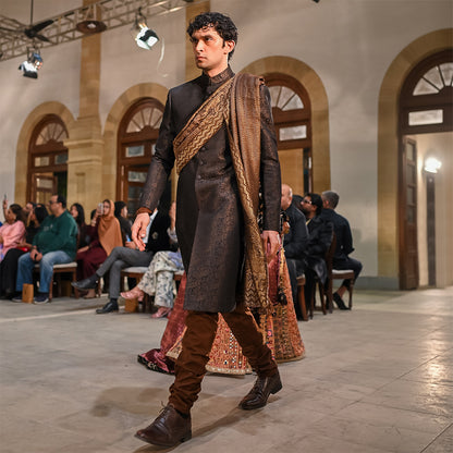 Black and brown Dhora Jamawar sherwani with premium Jamawar shawl