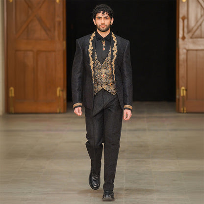 Black Zari Karandi Jamawar Coat With Hand Embroidery