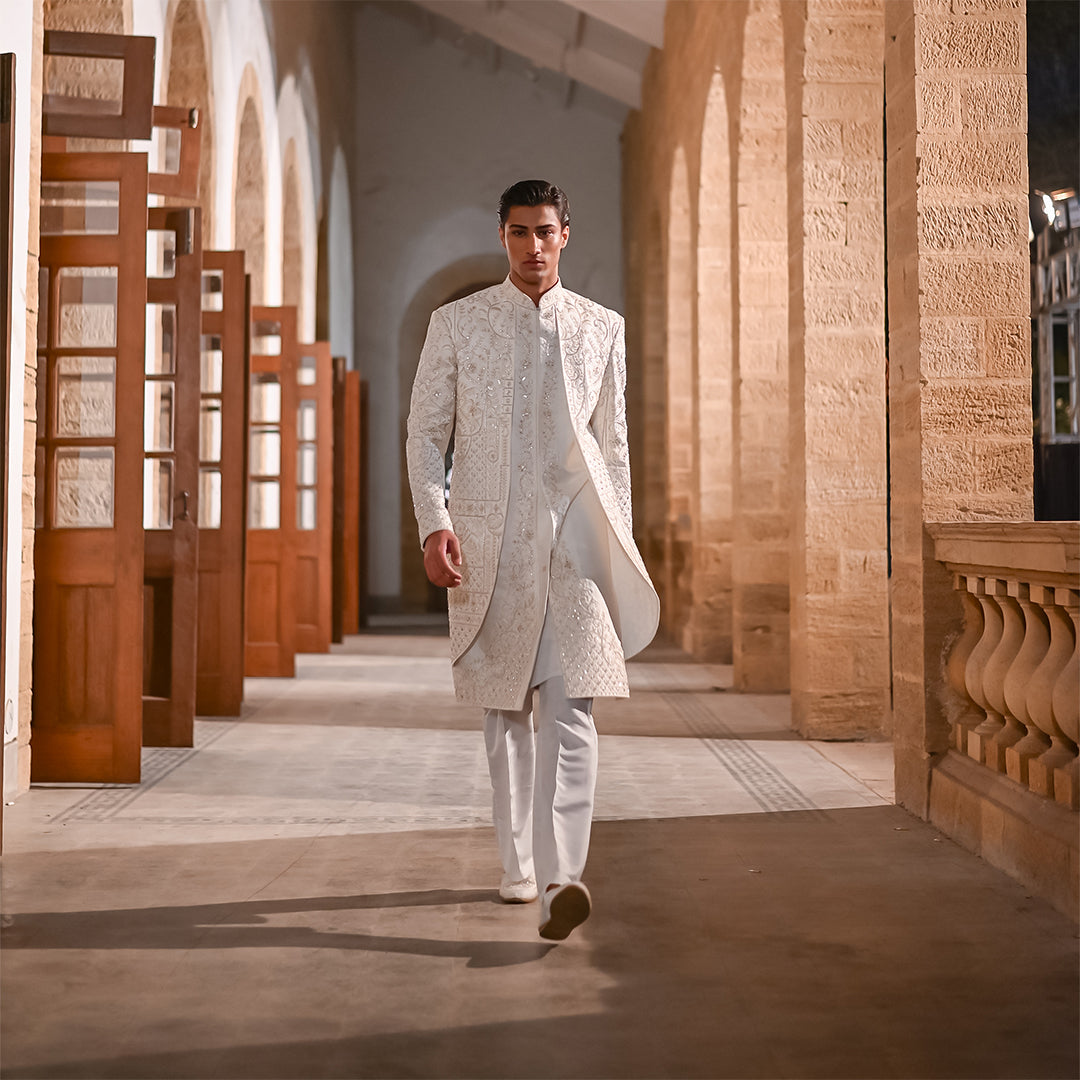 white Satin Sherwani With cut-dana Hand Embroidery